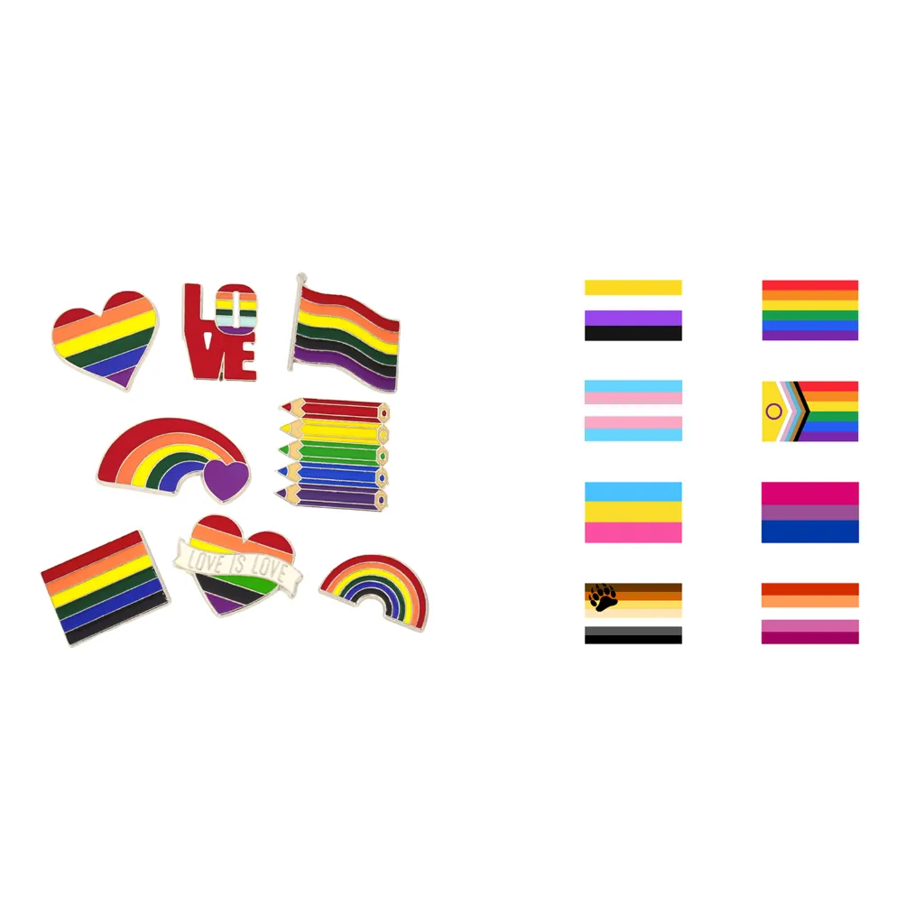 Set 1 Flagge + 8 Anstecker 150x90 cm, Pride Anstecker Set mit Symbolen