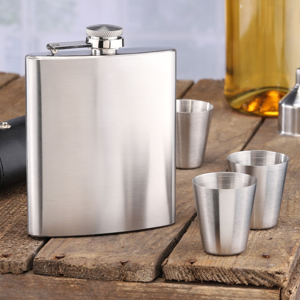 7-tlg. Edelstahl Flachmann Set Taschenflasche Schnapsflasche Becher Tasche 210ml