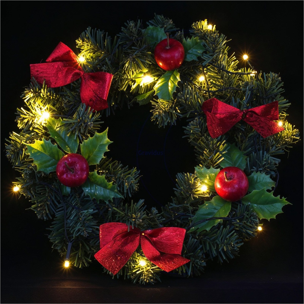 LED Türkranz Ø30 cm mit roten Schleifen Äpfeln 15 warmweißen LEDs