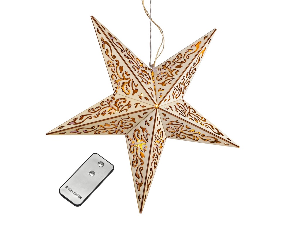 LED Holzstern 10 warmweiße LEDs Innen Fernbedienung Batteriebetrieb