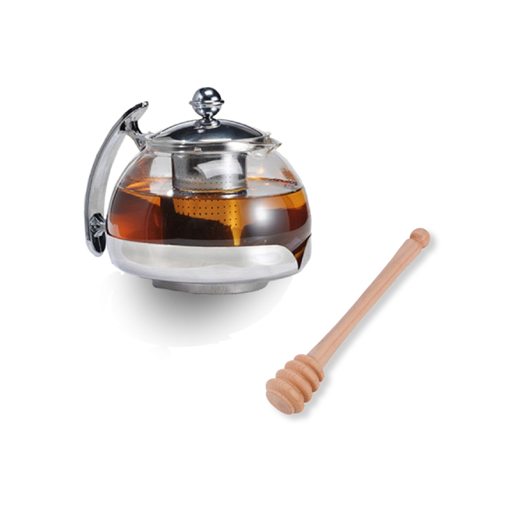 Teekanne Glas mit Teesieb Deckel Honiglöffel