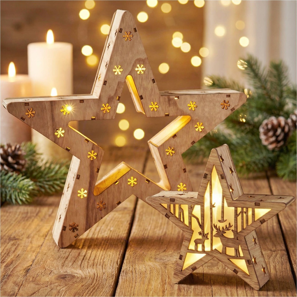 [13722] Zwei LED Holzsterne 16 LED Weihnachtsstern Deko