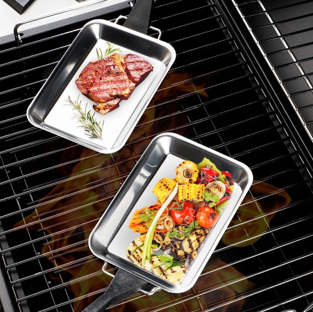 [15831] 2er Set Edelstahl Grillpfannen ideal für Gemüse Fleisch Fisch Grillgut