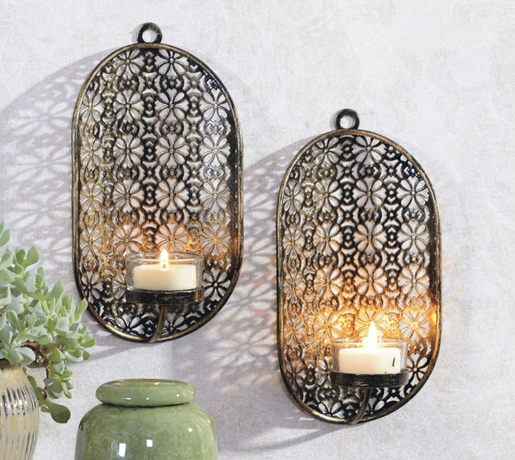 2er Set Wandkerzenhalter Teelichthalter Metall Glas