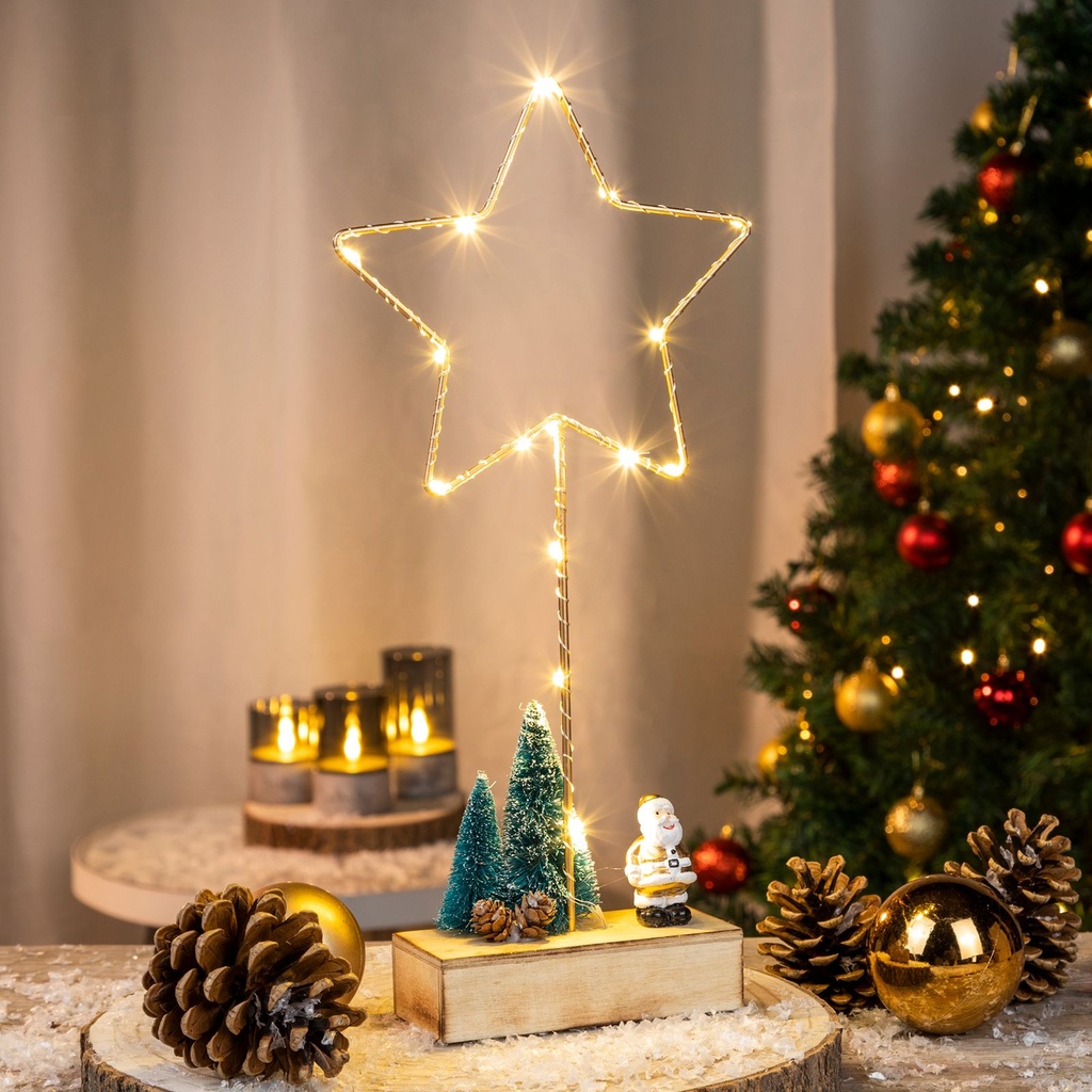Metallstern auf Holzständer mit 15 warm weißen LEDs
