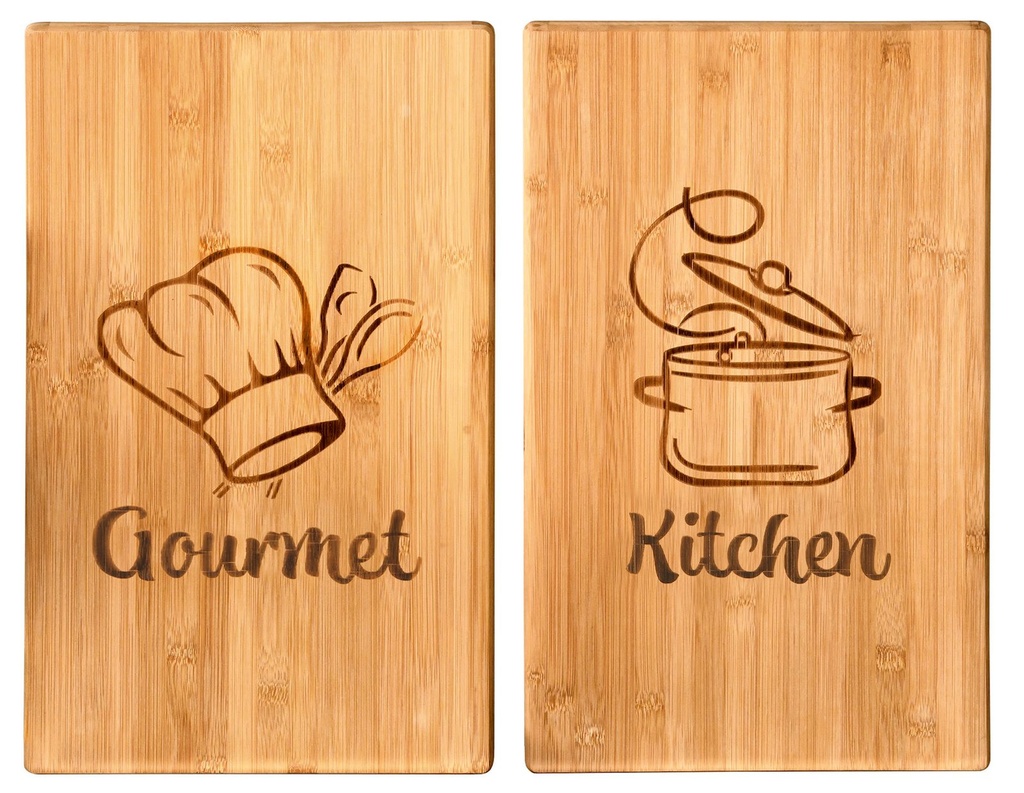 2er Set Bambus Schneide- und Abdeckplatte mit dekorativen Motiven