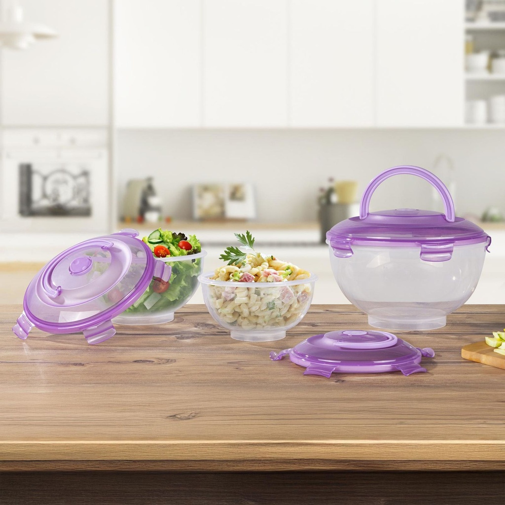 Salatschüssel Set 3-teilig mit Tragegriff lila Deckel Polypropylen