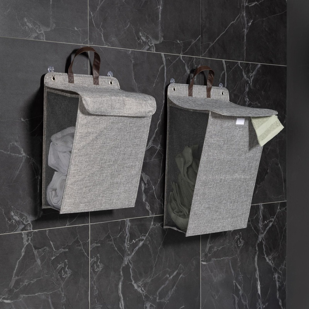 [18143] 2er Set Wäschesammler mit Deckel in Grau aus Baumwolle und Kunststoff