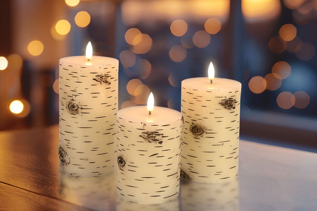 [18187] 3er-Set LED-Wachskerzen Birkenholzoptik mit Timer und Flamme