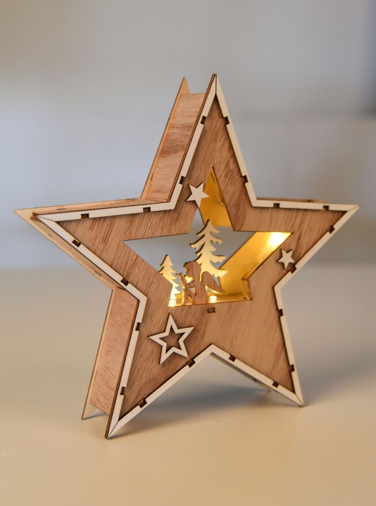 Deko Holzstern 24cm mit Engel und Tannen Motiv, 7 LED warmweiß