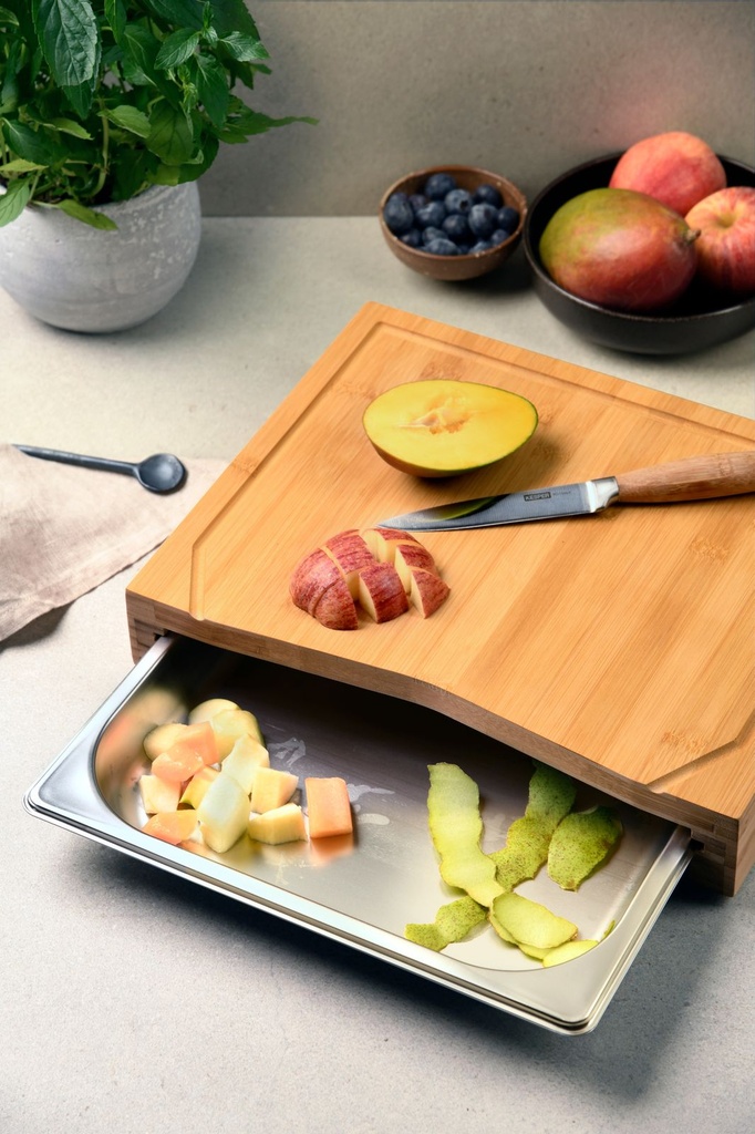Bambus Schneidebrett mit Edelstahl Auffangschale Saftrille Rutschfest