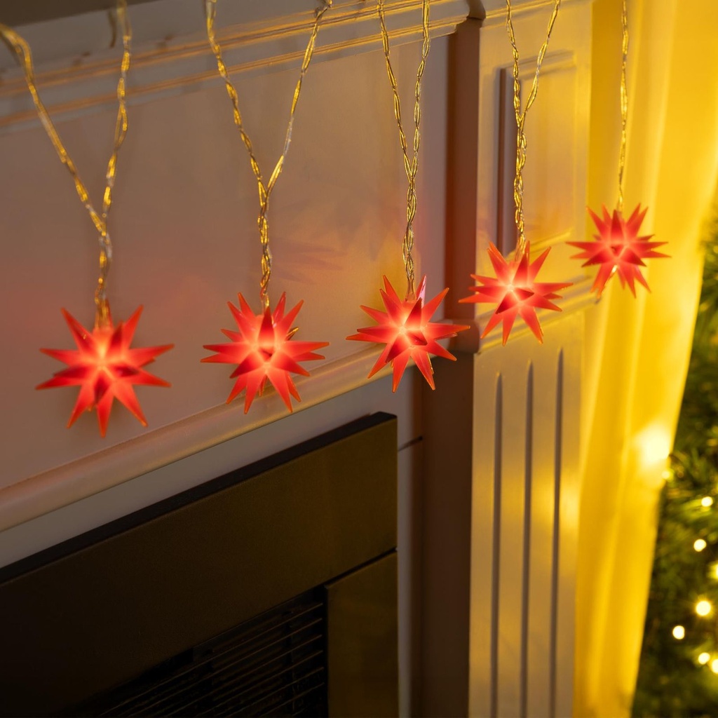 [18279] LED Lichterkette Sterne rot 5 warm weiße LEDs 6 cm Ø Timer