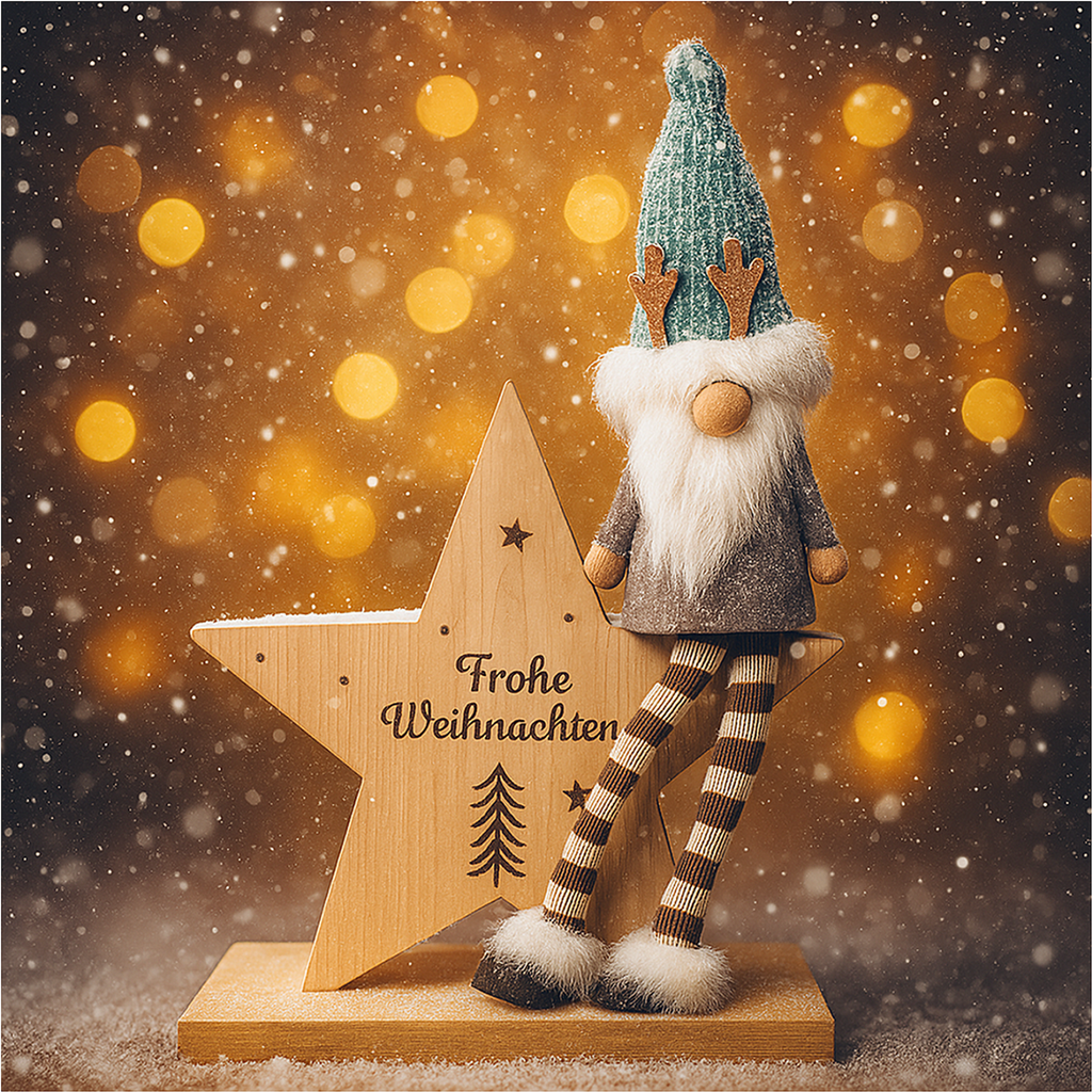 [18283] Holzstern mit Weihnachtswichtel und Aufschrift Frohe Weihnachten