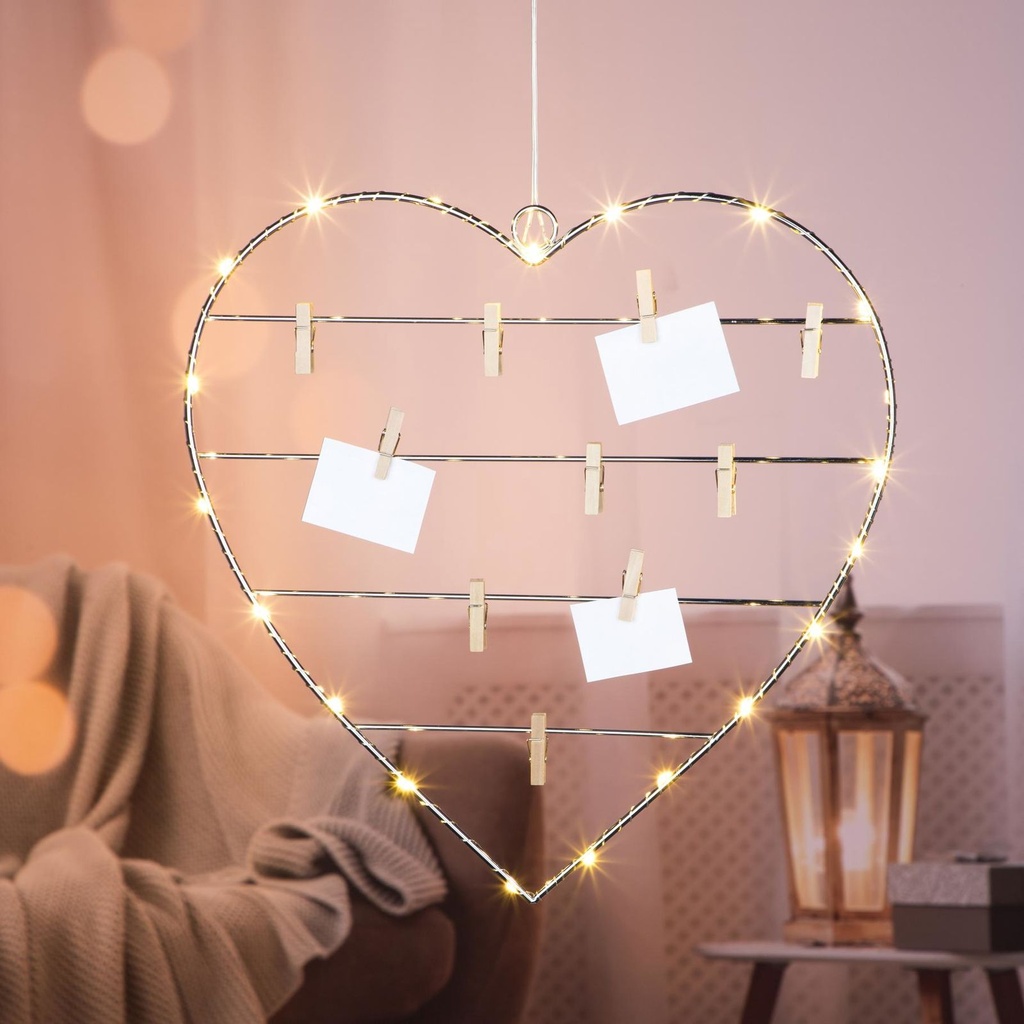 LED Herz 20 warmweiße LEDs mit Holzklammern silber batteriebetrieben