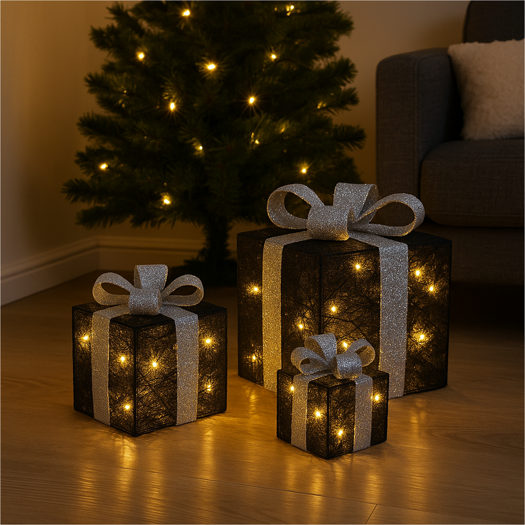 [18292] 3er Set LED Geschenkboxen warmweiß Timer Batterie schwarz silber
