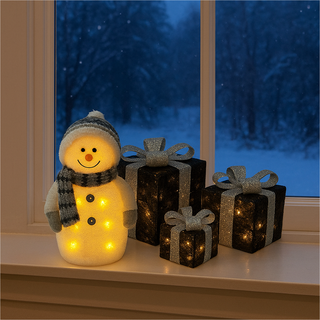 LED Schneemann mit 3er Set Geschenkboxen warmweiß Timer schwarz silber