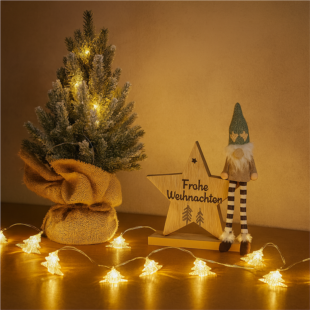 Weihnachtsdeko Set mit LED Baum, Lichterkette & Wichtel auf Holzstern