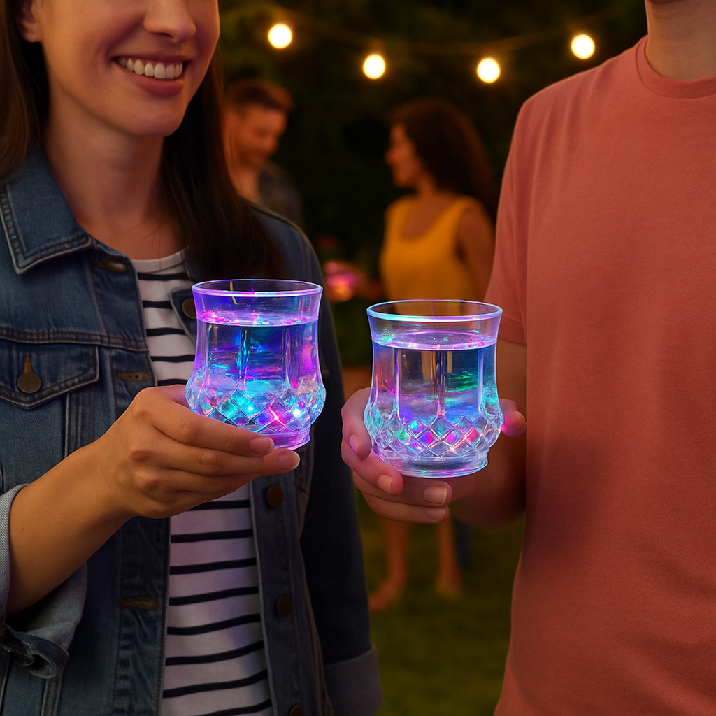 [18310] 2er Set bunte LED Trinkgläser mit Farbwechsellicht 210ml Kunststoff