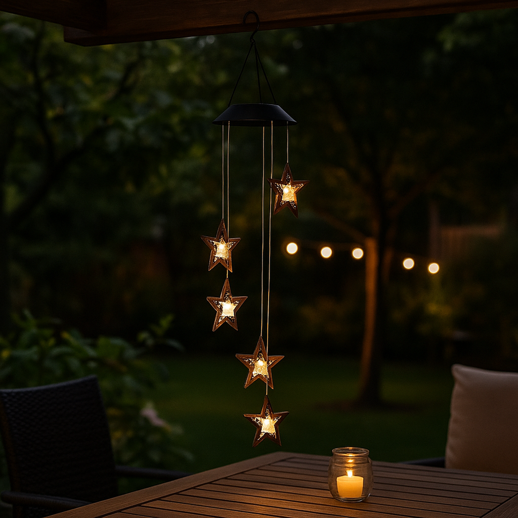 LED Solar Hänge-Windspiel Sternenstaub mit 6 Metallsternen warmweiß