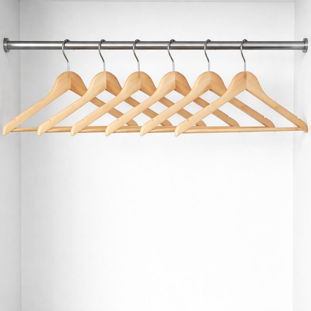 [18355] Holz Kleiderbügel Set 6 teilig 44,5 cm mit Hosensteg und Kerben